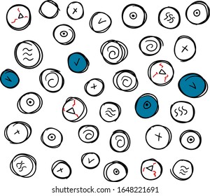 Abstract cluster of drawn circles. Inside them there are lines, curls, check marks and crosses.