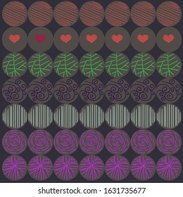 Abstract cluster of figures in the form of circles. Inside the round objects there are drawn lines and hearts.