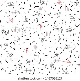 Abstract cluster of lines and drawn shapes. Among them there are red objects.
