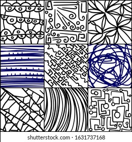 Abstract cluster of patterns inside squares. Two of them have a dark blue color.