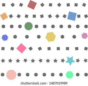 Abstract cluster of simple shapes. Among them there are circles, squares and polygons.