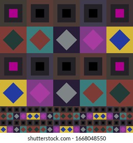 Abstract cluster of simple shapes. Among them there are rhombuses and squares. Some objects are repeated in a reduced form.
