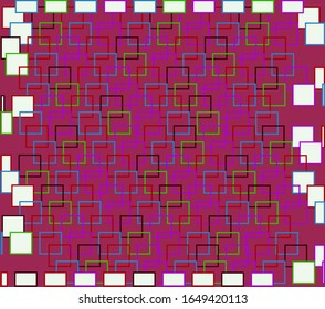 Clúster abstracto de formas cuadradas en un fondo rojo. Hay objetos blancos alrededor de los bordes de la composición.
