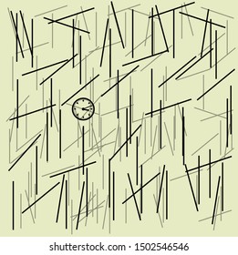 Abstract cluster of thin sticks rotated in different directions. Among the objects there are watches with minute and hour hands.