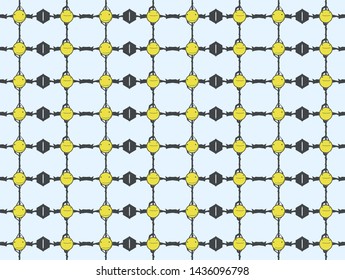 Abstract cluster of yellow faces and black figures. The composition forms a lattice.