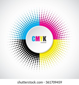 Abstract cmyk halftone background with 3d button in middle