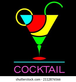 abstract cocktail logo with a glass of multi-colored elements with a straw and a lemon on a dark background