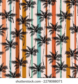 Abstract coconut palm trees on striped background. Seamless tropical pattern. Palm tree silhouettes, lines, stripe. Vector art illustration for summer design, floral prints, wallpaper