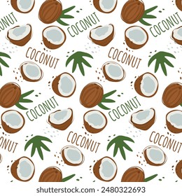 Abstract coconut pattern in flat style. Fresh, delicious fruit seamless pattern. Vector background. Summer freshness for health. For background, juice, ice cream or packaging.