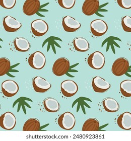 Abstract coconut pattern in flat style. Fresh, delicious fruit seamless pattern. Vector background. Summer freshness for health. For background, juice, ice cream or packaging.