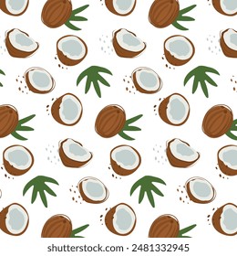 Abstract coconut pattern in flat style. Fresh, delicious fruit seamless pattern. Vector background. Summer freshness for health. For background, juice, ice cream or packaging.