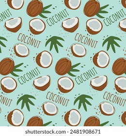 Abstract coconut pattern in flat style. Fresh, delicious fruit seamless pattern. Vector background. Summer freshness for health. For background, juice, ice cream or packaging.