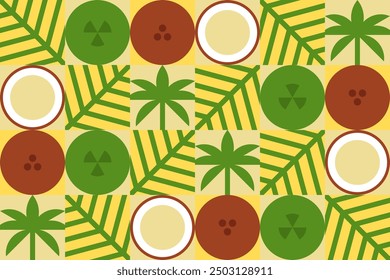 Abstract coconut seamless geometrical pattern. Tropical palm trees and leaves. Summer vector background design