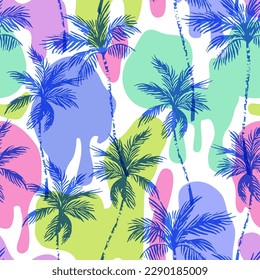 Abstract coconut trees on comic dripping blots background in pop art, graffiti style. Tropical palm trees silhouettes on paint drips, drops seamless pattern. Vector illustration for wallpaper design