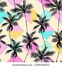 Abstract coconut trees on geometrical rhombus background. Tropical palm trees silhouettes repeat in retro style. Vector art illustration for summer design, print, exotic wallpaper, textile, fabric