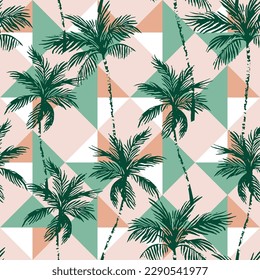 Abstract coconut trees on geometrical rhombus background. Tropical palm trees silhouettes repeat in retro style. Vector art illustration for summer design, print, exotic wallpaper, textile, fabric