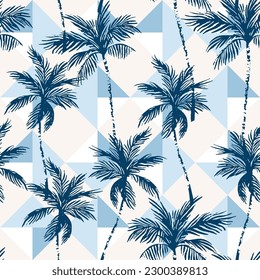 Abstract coconut trees on geometrical rhombus background. Tropical palm trees silhouettes repeat in retro style. Vector art illustration for summer design, print, exotic wallpaper, textile, fabric