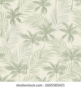Abstract coconut trees on palm leaves seamless pattern. Abstract tropical foliage background in pastel olive green colors. Vector illustration for minimal fabric, print, background