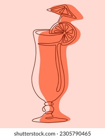 Abstract coctail illustration poster with summer colors. Continuous outline line on colored flat background for social media, postcards, print.