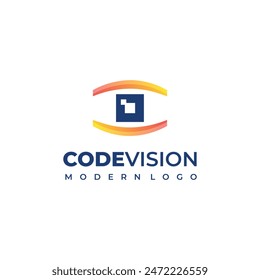 Abstract code with eye logo design modern concept, programming vision logo icon template