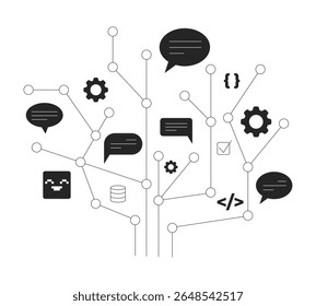 Código abstrato e rede de comunicação objeto de linha 2D. Desenvolvimento de software. Processos de back-end. Item de contorno de tinta de vetor clipart isolado de balões de fala e ícones técnicos. Ilustração de ponto monocromático