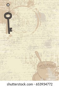 abstract coffee background with texture of manuscript and stains from cups, text and drawings of cup and key