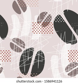 Abstract coffee bean vector seamless pattern with scratch marks and dots.