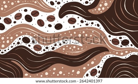 Abstract coffee beige brown background with beautiful wavy squiggles and spots. 