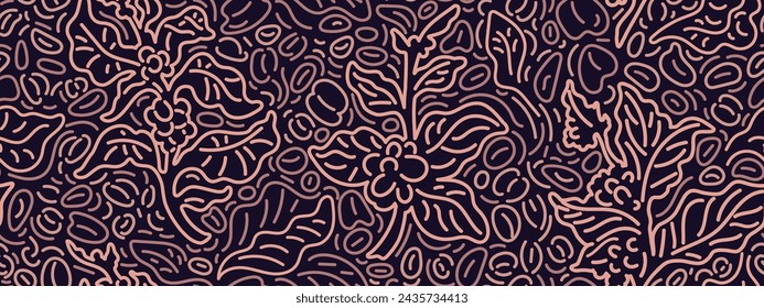 Abstract coffee branch pattern. Doodle graphic beans, plantation. Vector background for cafe packaging design, textile print