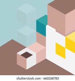 Abstract coffee break poster, cubes composition isometric vector illustration