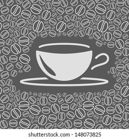 Abstract coffee cup surrounded by coffee beans, seamless pattern