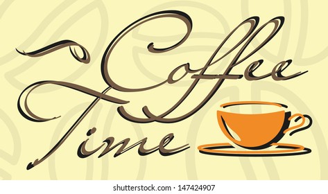 Abstract coffee cup and "coffee time" words in beige colors