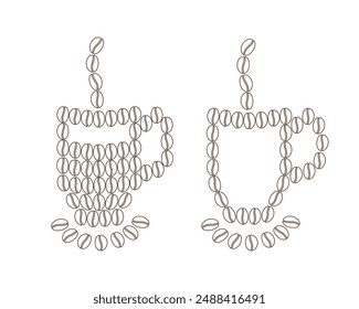 Abstract coffee cups with steam and saucer made of outline coffee beans. Outline and silhouette idea