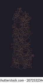 Abstract coffee. Linear branch, graphic cups, aroma beans, golden cezve. Vector art single line pattern on black background