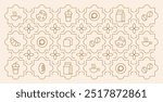 Abstract coffee modern line geometric pattern. Hand drawn illustration for Bakery and Coffee shop. Icons. Coffee bean, cup of coffee, dish, cookie and croissant. Abstract geometric line background. 