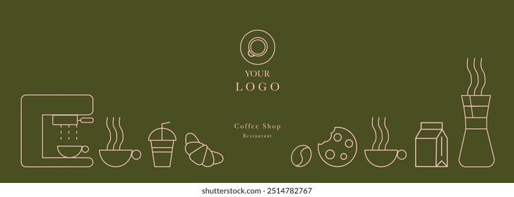 Abstract coffee modern line geometric pattern. Coffee drink design cover or cafe flyer. Vector geometric illustration with coffee machine, coffee bean, cup, 
cookie, milk and croissant