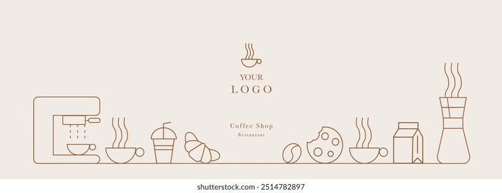 Abstract coffee modern line geometric pattern. Coffee drink design cover or cafe flyer. Vector geometric illustration with coffee machine, coffee bean, cup, 
cookie, milk and croissant