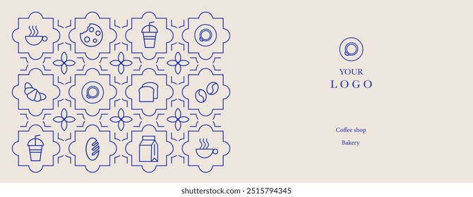 Patrón geométrico de línea moderna de café Abstractas. Ilustración dibujada a mano para panadería y cafetería. Iconos. Grano de café, taza de café, plato, galleta y croissant. Antecedentes. Anuncio de Web.