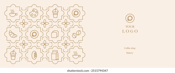 Abstract coffee modern line geometric pattern. Hand drawn illustration for Bakery and Coffee shop. Icons. Coffee bean, cup of coffee, dish, cookie and croissant. Abstract geometric line background. 