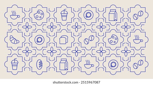 Abstract coffee modern line geometric pattern. Hand drawn illustration for Bakery and Coffee shop. Icons. Coffee bean, cup of coffee, dish, cookie and croissant. Abstract geometric line background. 