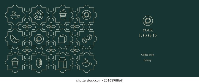 Abstrato café moderno padrão geométrico linha. Ilustração desenhada à mão para padaria e café. Ícones. Grão de café, xícara de café, prato, cookie e croissant. Histórico. Banner da Web.