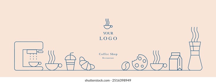 Abstract coffee modern line geometric pattern. Coffee drink design cover or cafe flyer. Vector geometric illustration with coffee machine, coffee bean, cup, 
cookie, milk and croissant