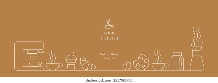 Abstract coffee modern line geometric pattern. Coffee drink design cover or cafe flyer. Vector geometric illustration with coffee machine, coffee bean, cup, 
cookie, milk and croissant