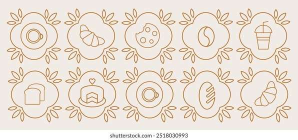 Abstract coffee modern line geometric pattern. Hand drawn illustration for Bakery and Coffee shop. Icons. Coffee bean, cup of coffee, dish, cookie and croissant. Abstract geometric line background. 