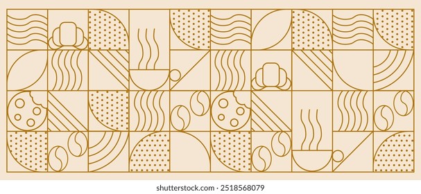 Abstract coffee modern line geometric pattern. Coffee drink design cover or cafe flyer. Coffee bean, cup of coffee, dish, cookie and croissant. Abstract geometric line background. 