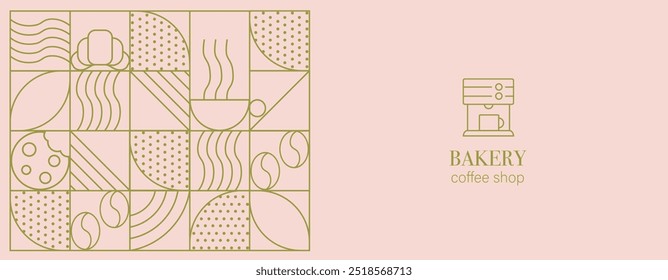 Abstract coffee modern line geometric pattern. Coffee drink design cover or cafe flyer. Coffee bean, cup of coffee, dish, cookie and croissant. Abstract geometric line background. 