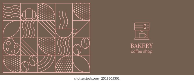 Abstrato café moderno padrão geométrico linha. Tampa de projeto de bebida de café ou panfleto de café. Grão de café, xícara de café, prato, cookie e croissant. Fundo abstrato da linha geométrica. 