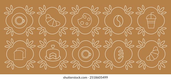 Abstract coffee modern line geometric pattern. Hand drawn illustration for Bakery and Coffee shop. Icons. Coffee bean, cup of coffee, dish, cookie and croissant. Abstract geometric line background. 