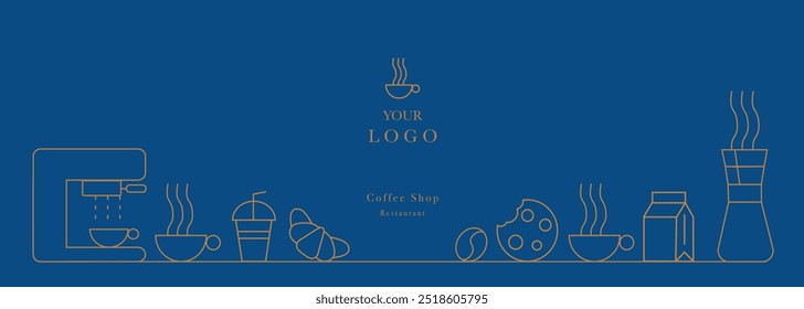 Abstrakter Kaffee moderne Linie geometrische Muster. Cover für Coffee Drink Design oder Cafe Flyer. Vektorgeometrische Illustration mit Kaffeemaschine, Kaffeebohne, Tasse, 
Keks, Milch und Croissant