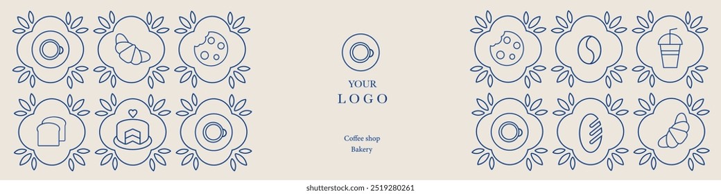 Abstract coffee modern line geometric pattern. Hand drawn illustration for Bakery and Coffee shop. Icons. Coffee bean, cup of coffee, dish, cookie and croissant. Abstract geometric line background. 